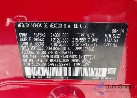 2016 Honda Hr-V Lx from USA, damaged, VIN 3CZRU5H34GM752941